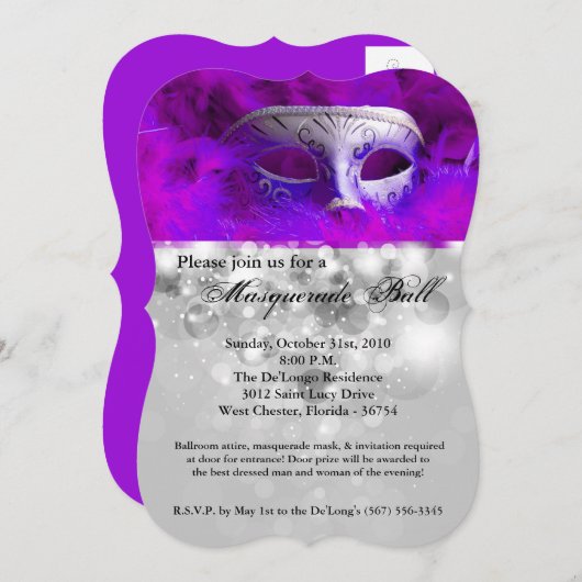 紫色の仮装ボールマスクコスチュームのハロウィーンパーツ 招待状 (正面/裏面)