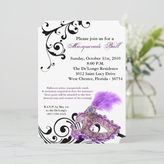 紫色の仮装ボールマスクコスチュームのハロウィーンパーツ 招待状 (スタンド正面)