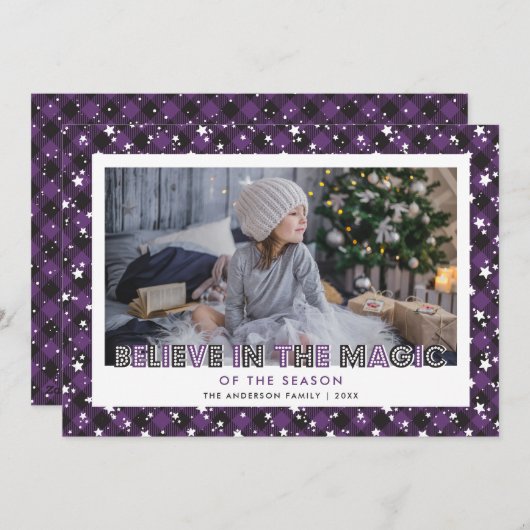 紫色の信じ魔法写真クリスマスカード シーズンカード (正面/裏面)