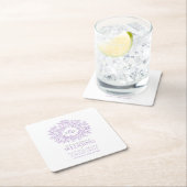 紫色の円形の葉スケッチモノグラム結婚の スクエアペーパーコースター (インサイチュ)