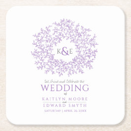 紫色の円形の葉スケッチモノグラム結婚の スクエアペーパーコースター
