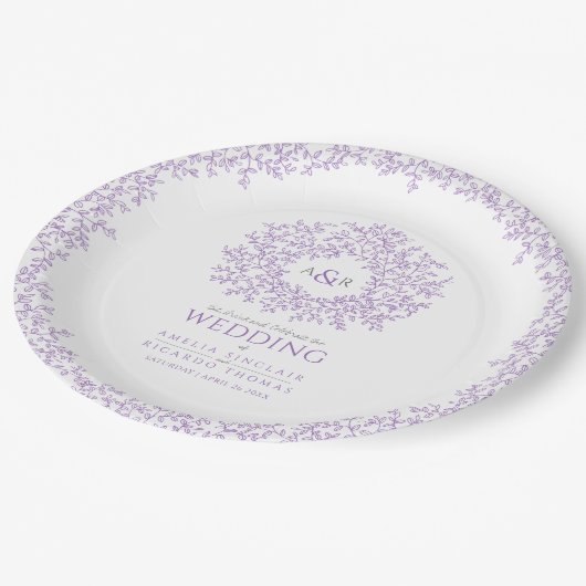 紫色の円形の葉スケッチモノグラム結婚の ペーパープレート (アングル)