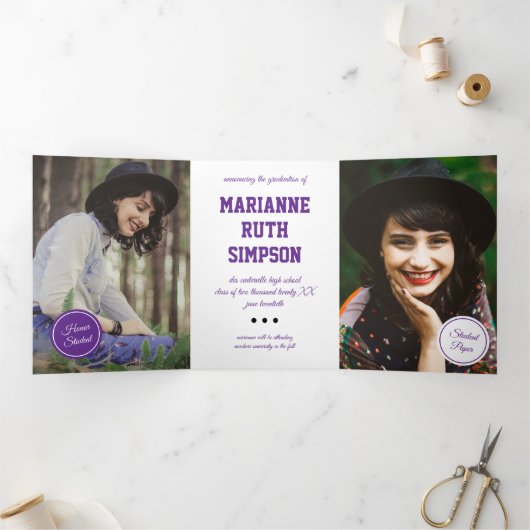 紫色の円5 – 写真の卒業 三つ折り招待状 (内部)