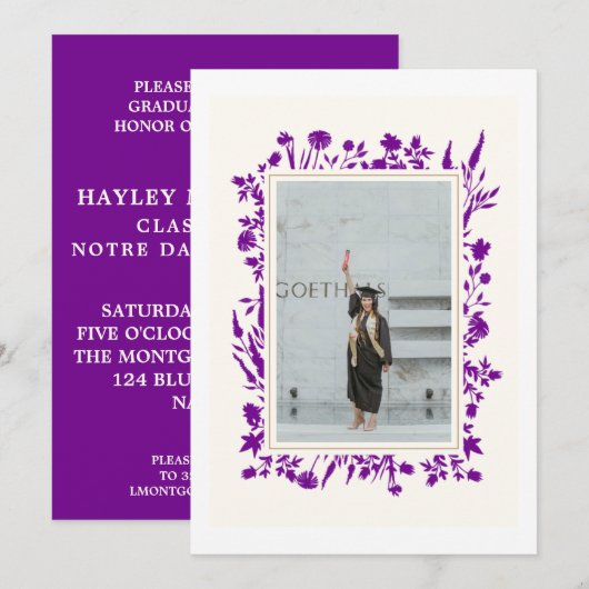 紫色の写真の卒業 招待状 (正面/裏面)