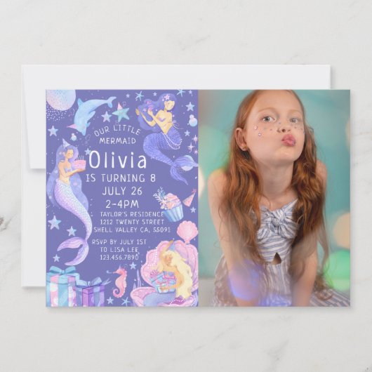 紫色の写真の私たちの小さな人魚のすべての年齢誕生日 招待状 (正面)