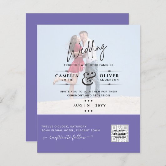 紫色の写真の結婚式の招待QRコード救日付 (正面/裏面)