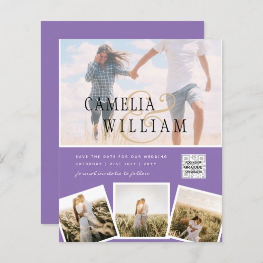 紫色の写真の結婚式の招待QRコード救日付 (正面/裏面)