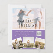 紫色の写真の結婚式の招待QRコード救日付 (正面)