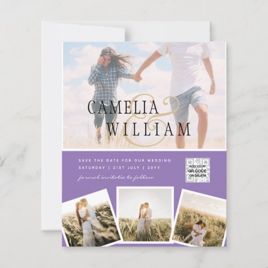 紫色の写真の結婚式の招待QRコード救日付 (正面)