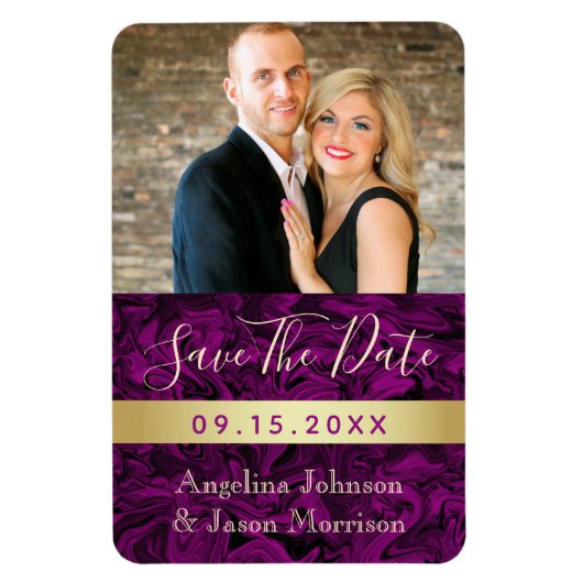 紫色の写真の結婚式の日付の保存招待状 マグネット (縦)