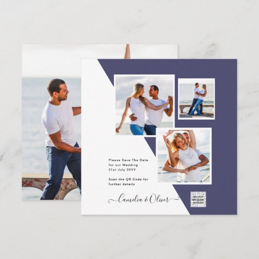 紫色の写真の結婚式QRコードを招待救日 (正面/裏面)