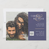 紫色の写真の結婚式QRコードを招待救日 招待状 (正面)