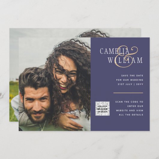 紫色の写真の結婚式QRコードを招待救日 招待状 (正面/裏面)