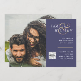 紫色の写真の結婚式QRコードを招待救日 招待状