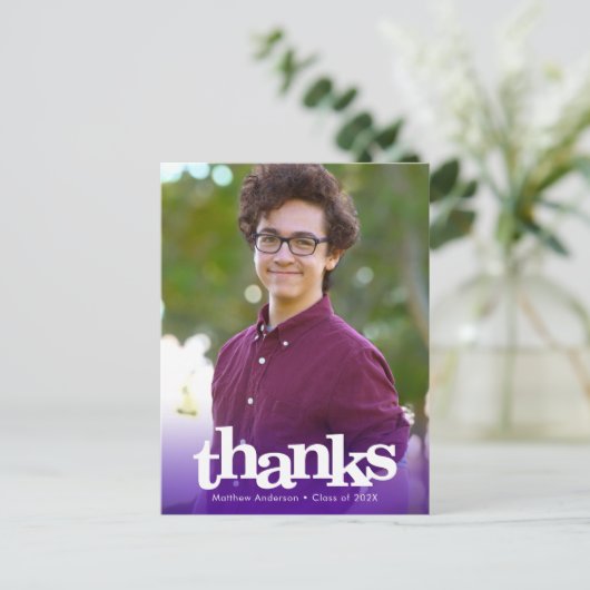 紫色の写真はっきりした卒業タイポグラフィ感謝していユー ポストカード (スタンド正面)