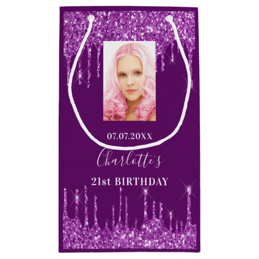 紫色の写真グリッターの滴下写真 スモールペーパーバッグ (裏面)