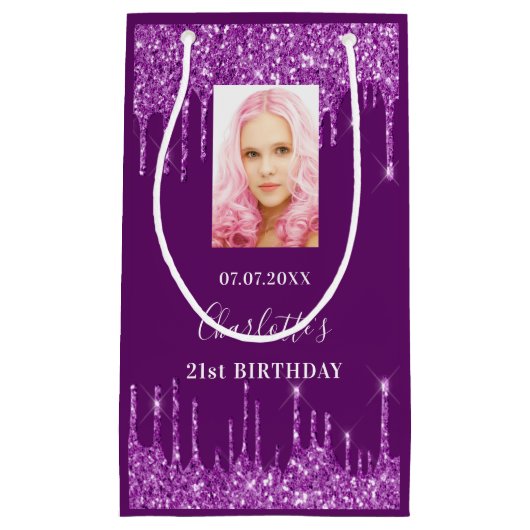 紫色の写真グリッターの滴下写真 スモールペーパーバッグ (正面)