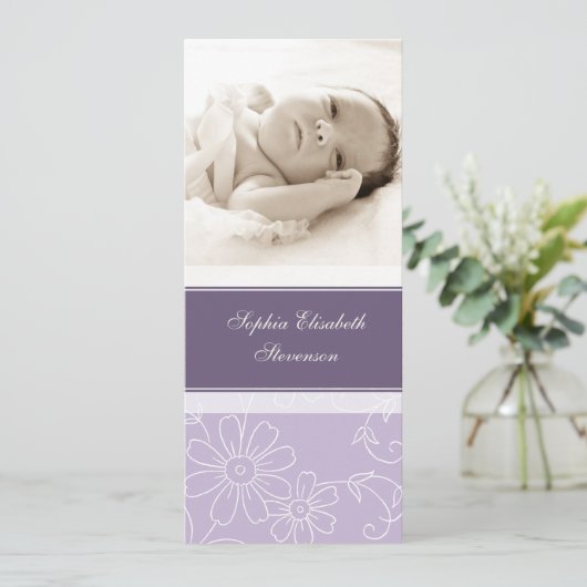 紫色の写真テンプレートの新生児の誕生の発表 案内状 (スタンド正面)