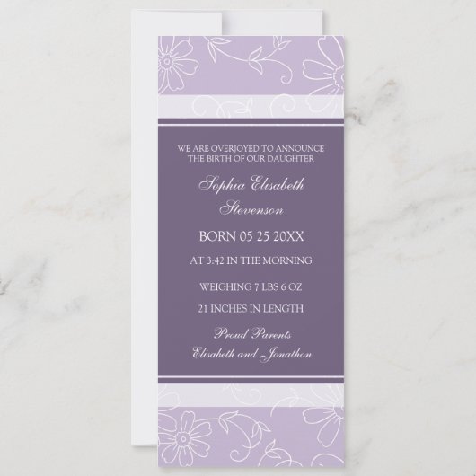 紫色の写真テンプレートの新生児の誕生の発表 案内状 (裏面)