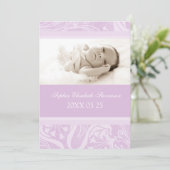 紫色の写真テンプレートの新生児の誕生の発表 案内状 (スタンド正面)