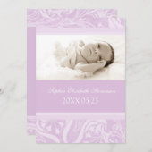 紫色の写真テンプレートの新生児の誕生の発表 案内状 (正面/裏面)