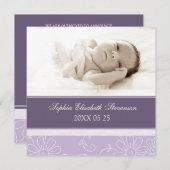 紫色の写真テンプレートの新生児の誕生の発表 案内状 (正面/裏面)