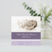 紫色の写真テンプレートの新生児の誕生の発表 案内状 (スタンド正面)