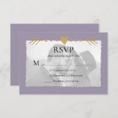 紫色の写真モダン金ゴールドハート 出欠カード (正面/裏面)