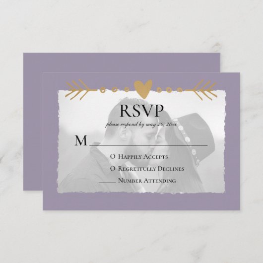 紫色の写真モダン金ゴールドハート 出欠カード (正面/裏面)