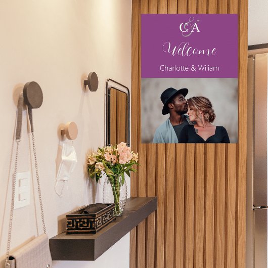 紫色の写真モノグラム結婚の歓迎サイン ポスター