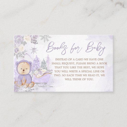 紫色の冬のクマ赤ちゃんシャワーベビー エンクロージャーカード (正面)