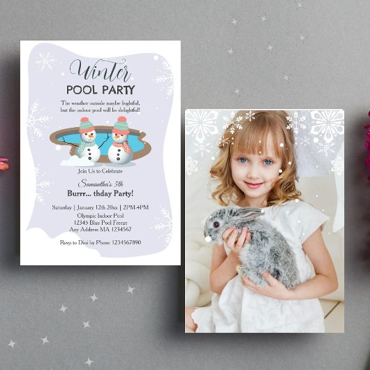 紫色の冬のプール誕生日パーティーの写真 招待状