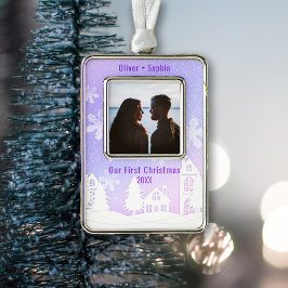 紫色の冬のワンダーランド雪の家の写真 シルバープレートフレームオーナメント