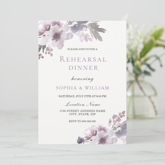 紫色の冬の水の色のフローラリハーサルディナー 招待状 (スタンド正面)