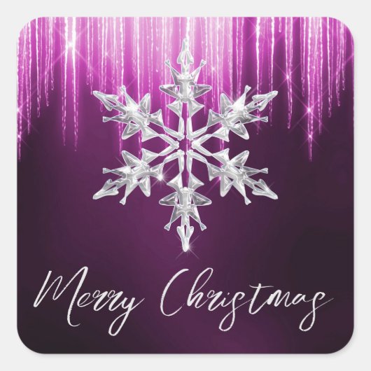 紫色の冬の氷柱クリスマスにガラスのスノーフレーク スクエアシール (正面)