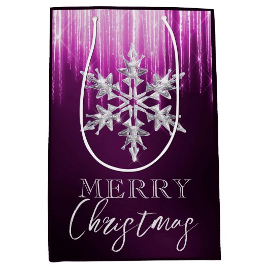 紫色の冬の氷柱クリスマスにガラスのスノーフレーク ミディアムペーパーバッグ (正面)