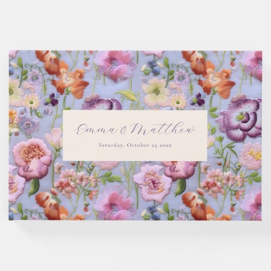 紫色の刺繍された花マクシマ結婚リスト ゲストブック (正面)