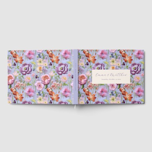 紫色の刺繍された花マクシマ結婚リスト ゲストブック (全面)