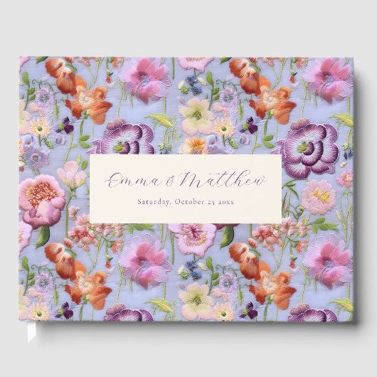 紫色の刺繍された花マクシマ結婚リスト ゲストブック (正面)