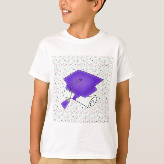 紫色の卒業の帽子及び免状のカラフルな免状 Tシャツ (正面)