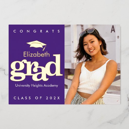 紫色の卒業写真はっきりしたキャモダンップ実在金ゴールド 箔招待状 (正面)