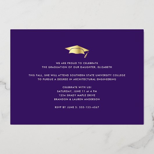 紫色の卒業写真はっきりしたキャモダンップ実在金ゴールド 箔招待状 (裏面)
