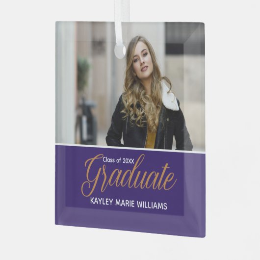 紫色の卒業写真シックな卒業クリスマス ガラスオーナメント (正面左)