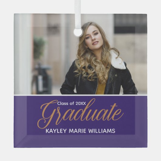 紫色の卒業写真シックな卒業クリスマス ガラスオーナメント (正面)