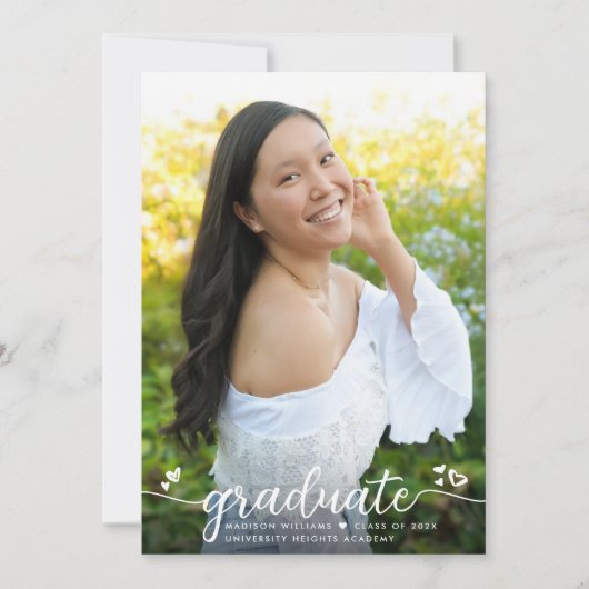 紫色の卒業写真モダン書道ハート 案内状 (正面)