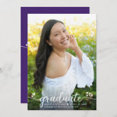 紫色の卒業写真モダン書道ハート 案内状 (正面/裏面)