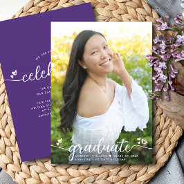 紫色の卒業写真モダン書道ハート 案内状