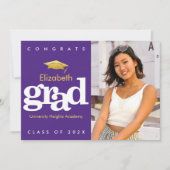 紫色の卒業写真金ゴールドキャップモダンタはっきりしたイプ 案内状 (正面)