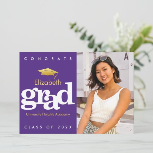 紫色の卒業写真金ゴールドキャップモダンタはっきりしたイプ 案内状 (スタンド正面)