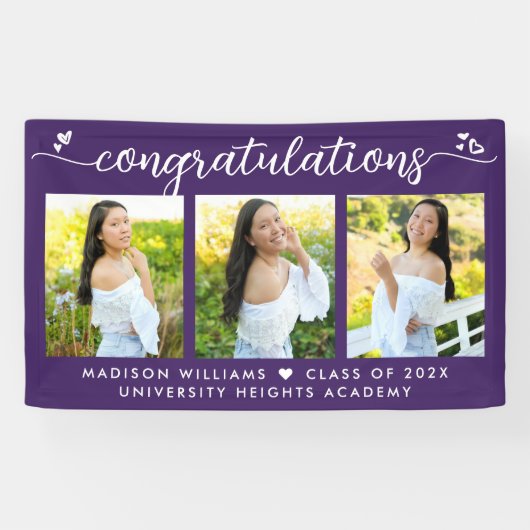 紫色の卒業式3写真モダン書道ハート 横断幕 (横)